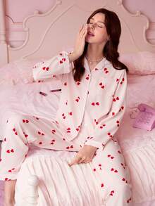 Bonmuse 条纹爱心印花女士泡泡褶皱长袖睡衣套装 - 粉色 - 查看 10