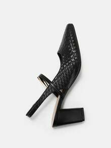 Bholvia Women's Woven Texture, Square Toe, Block Heel, Fashion, PU Leather, Black, Slingback, Office Spring Shoes Summer Shoes - Black - View 9