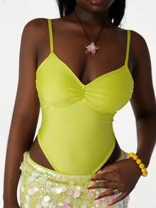 Amplova Women Neon Green Ruched Camisole Jumpsuit And Sequin Bodycon Mini Skirt Sexy 2 Pieces Set - Yellow - View 3