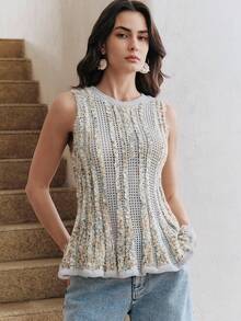 Anewsta 女士花卉针织镂空圆领毛衣背心 - 灰色 - 查看 1