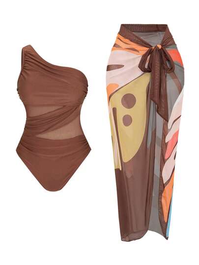 Swim Oasis Women Solid Color One Shoulder Front Mesh Splice Sheer Paneled Skirt Two Pieces Set