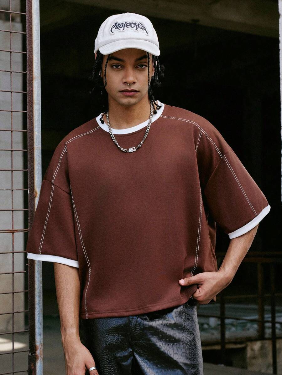 PAVTROS Men's Red And White Striped Summer Streetwear,Retro American Knitted Crew Neck Short Sleeve T-Shirt,Oversized Fit City Break Casual Fashionable Top - Coffee Brown - View 1