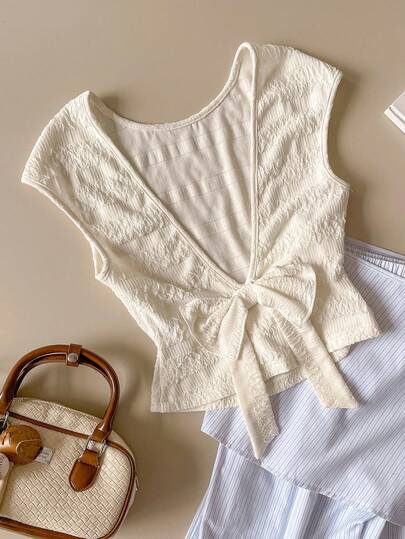 Muvela Spring/Summer New White Textured Knit Fabric Backless Bow Tie Decor T-Shirt, Vintage Elegant Carnival Party Sweet Cute Urban Commute Office Wear