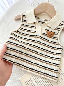 SHEIN Young Girl Knitted Cute Bear Embroidery Striped Casual Polo Vest,Top,Tank Top,Summer Outfits,Baby Girls Clothes,Summer Tops Striped Polo Shirt Striped Tops,Back To School Wear,Daily Wear. - Apricot - View 3