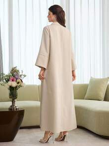 Al Najma Elegant Lapel Applique Loose Flared Long Casual Robe For Women - Apricot - View 7