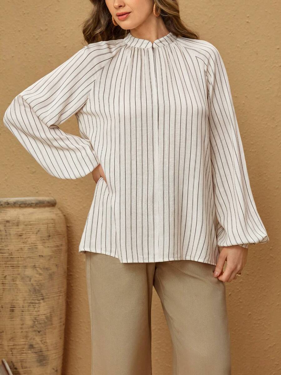 Hansera 女士休闲度假通勤条纹印花灯笼袖衬衫，春秋季 - 彩色 - 查看 1