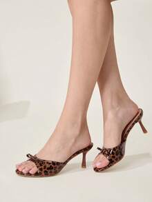 CUCCOO CHICEST Women's Fashion Commuter Leopard Print Bow Decor Heeled Sandals Elegant Shoes Wedding Shoes Summer - Brown - View 6