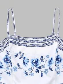 SHEIN Franclia 大码女式碎花雪纺连衣裙和外套两件套，优雅夏季套装 - 藍白色 - 查看 4