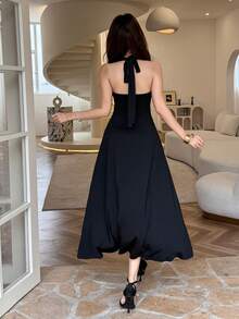 Feyla Women's Solid Color Lace Patchwork Backless Halter Dress - Black - View 7