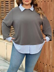 SHEIN CURVE+ Curve 尺码 US22 音乐节、海滨度假、波西米亚风女士条纹翻领长袖休闲拼接卫衣 秋冬款 - 彩色 - 查看 8