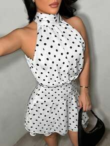 SHEIN SXY Women's Polka Dot Halter Mini Dress For Dates & Parties, High Neck Dress, Poka Dots, Polka Dot Dress Women, Polka Dot Mini Dress, Halter Neck Dress, Polka Dots, Classy Summer Dress Whimsical,Sundress - Black and White - View 5