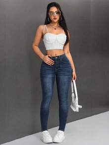 Rivivi Quần jeans dáng ôm, chất liệu wash, thích hợp cho việc đi làm, cỡ lớn. - Rửa tối - Xem 5