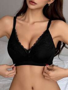 DAZY Lace Patchwork Adjustable Spaghetti Strap Slight Push-Up Bra For Women - Black - View 3
