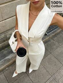 Siren Gaze Bộ quần áo nữ 100% cotton, thích hợp cho mặc hàng ngày, dạo phố, đi nghỉ mát, đi biển, công sở, đi làm, bộ đồ hai mảnh thanh lịch dành cho nữ, trang phục vải lanh, bộ đồ hai mảnh mùa hè thoải mái dành cho nữ, bộ đồ công sở thường ngày dành cho nữ. - Màu be - Xem 1