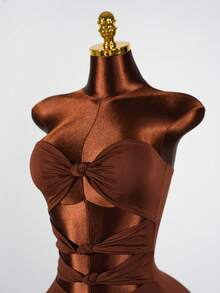 SaltGleam SaltGleam Vestido tubo ajustado de unicolor minimalista con diseño retorcido y hueco, estilo sexy para vacaciones en la playa - Marrón - Ver 7
