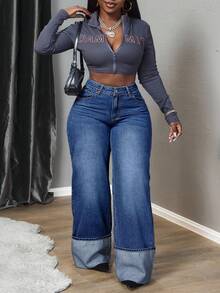 Slaydiva Plus Size Casual Solid Color Button Pocket Jeans - Dark Wash - View 3