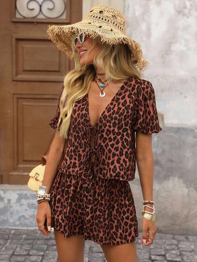 Brillora Casual Chiffon Leopard Print Puff Sleeve Loose Shirt & High Waist Shorts 2 Piece Set For Women
