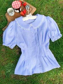 Comfortcana Áo sơ mi nữ cổ Peter Pan tay ngắn kiểu cánh hoa cài một hàng khuy, kẻ sọc - Màu xanh nhạt - Xem 5
