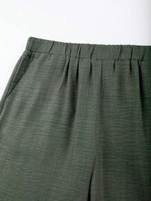 Franclia Damen Große Größen Set aus Crinkle-Stoff V-Ausschnitt Plissee Schulter Loose Taille Gürtel Schleife Ärmellos Grünes Hemd + Gummizug Taille Seitentaschen Gerade Bein Hose, elegant vintage französisch romantisch minimalistisch formell Büro Pendeln Business-Casual Strand Urlaub Straßen-Stil Nachmittags-Tee Boho Mittlerer Osten Frühling Sommer Neu - Armeegrün - Übersicht 6