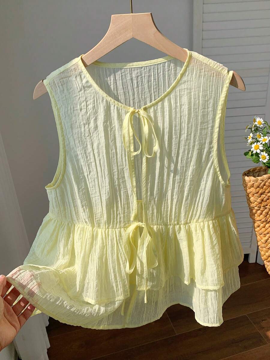 Comfortcana Women's Front Tie Light Yellow Ruffle Hem Sleeveless Blouse, Summer Yellow Babydoll Top - Yellow - View 1