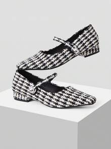 Mnmlis 女士新款灰色法式低跟尖头简约时尚羊毛玛丽珍鞋 - 黑與白 - 查看 4