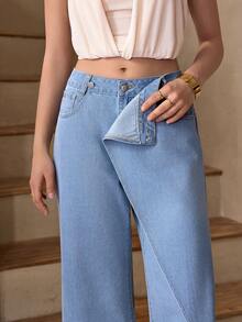 Selenza Women's Asymmetric Waist Pocket Wide Leg Loose Denim Pants - Blue - View 7