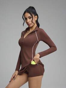 Innovista Women's Long Sleeve Tennis Dress With Shorts - Brown - View 2