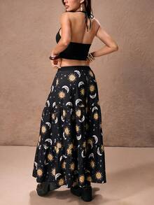 ROMWE PETITE Star & Moon Black Sleeveless Crop Top And Ruffle Hem Skirt 2-Piece Set For Women - Black - View 2