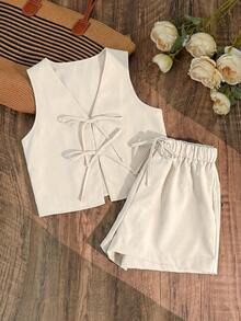 SHEIN 少女休闲优雅简约无袖蝴蝶结宽松背心上衣和松紧腰短裤两件套，米色 - 白色 - 查看 1