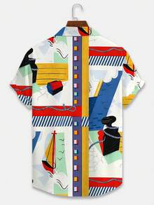 Manfinity RSRT 男士复古航海元素涂鸦衬衫，海滩度假风衬衫，百搭沙滩休闲上衣，适合送给男友、丈夫、家人，男女皆宜的沙滩度假衬衫 - 彩色 - 查看 5