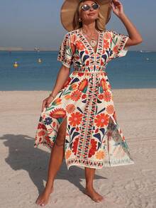 Swim Vcay 女士春夏沙滩连衣裙，V领长款收腰开衩度假印花连衣裙，带罩衫 - 橘色 - 查看 4