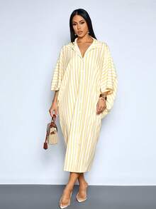 SOLERSUN Women's Summer Simple & Elegant Beach Vacation Yellow Striped Print Batwing Sleeve Long Dress With Twist Waist And Hollow Out Design Casual Vacation Outfits For Summer,Beach-Ready Outfits Travel, Daily Wear, Party,Holiday - Yellow - View 6