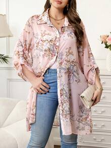 Reflora 大码女式印花荷叶袖长款宽松衬衫 - 彩色 - 查看 5