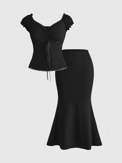 ROMWE Kawaii 大码女士芭蕾舞风格V领蝴蝶结装饰撞色波点蕾丝拼接修身两件套：上衣+半裙