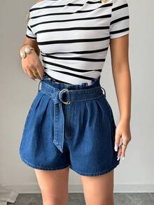 Elenzga Women's Frill Waist Design Pleated Loose Denim Shorts - Blue - View 8