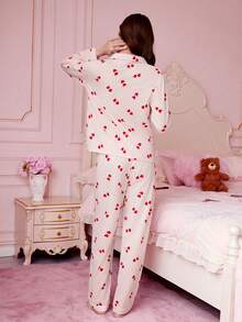 Bonmuse 条纹爱心印花女士泡泡褶皱长袖睡衣套装 - 粉色 - 查看 2