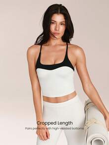 GLOWMODE FeatherFit™ Energizer Slim Fit Color Contrast Crossover Straps Low Neckline Removable Cups Cropped Active Tank Yoga Pilates - White - View 4