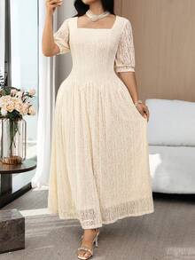 Feyla Plus Size Women's Square Neck Puff Sleeve Elegant Lace Dress - Apricot - View 3