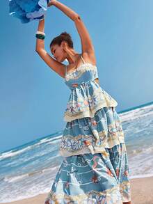 Travachic 女士海星贝壳印花镂空褶皱休闲度假约会吊带长裙 - 灰藍色 - 查看 6