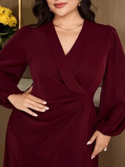 Modelyn Plus Size Elegant Party Solid Color Lantern Sleeve Dress