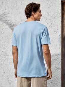 Mercer Haus Men's Fashionable Versatile Solid Color Casual V-Neck Slim Fit Short Sleeve T-Shirt, Summer , Suitable For Summer Tropical Holiday Vacation In Hawaii. - Baby Blue - View 2