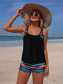 Swim Lushoire Women's Printed Front Ruched Thick Strap Tankini Swimwear 2 Pieces Set - Multicolor - View 1