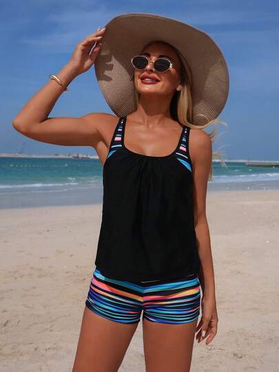 Swim Lushoire Women's Printed Front Ruched Thick Strap Tankini Swimwear 2 Pieces Set