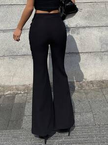 DAZY Black Lace Patchwork Solid Color Flare Pants, Suitable For Commuting & Office, Summer - Black - View 2