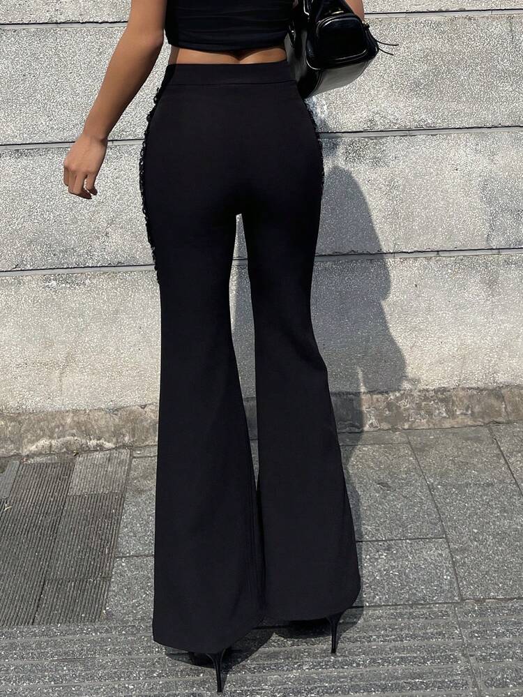 Black Lace Patchwork Solid Color Flare Pants, Suitable For Commuting & Office, Summer