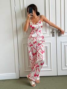 Napfluff Bow Print Faux Silk Camisole & Pants Pajama Set - Red - View 6