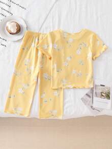 女婴睡衣套装 - 两件套蝴蝶印花睡衣套装，短袖圆领上衣搭配长裤，松紧腰带，轻薄柔软弹力，夏季睡衣家居服，节日礼物，2026必备，可爱粉嫩蜜桃色 - 黃色 - 查看 2