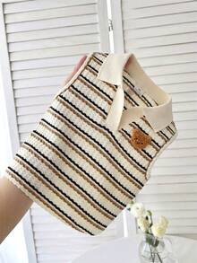 SHEIN Young Girl Knitted Cute Bear Embroidery Striped Casual Polo Vest,Top,Tank Top,Summer Outfits,Baby Girls Clothes,Summer Tops Striped Polo Shirt Striped Tops,Back To School Wear,Daily Wear. - Apricot - View 6