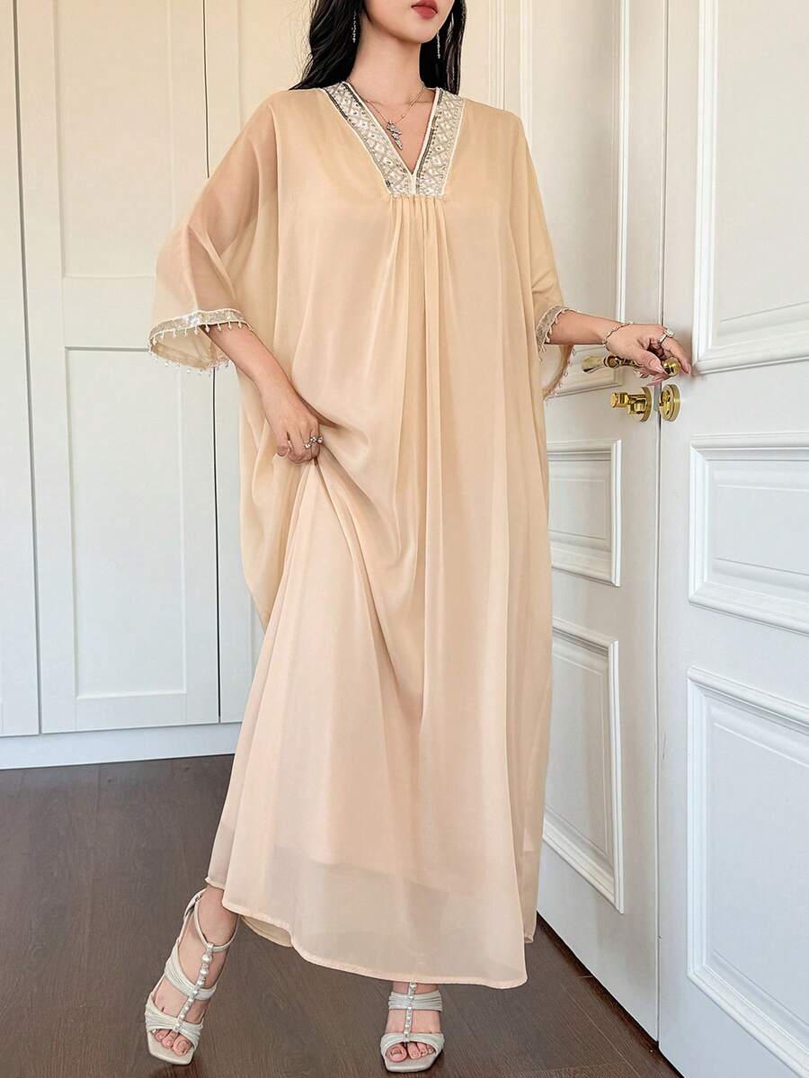 DAZY 水钻镶边V领宽松长款睡袍，优雅派对睡袍，女士夏季款 - 杏色 - 查看 1
