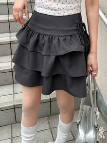 FRIFUL Women's Solid Dark Gray Waistband Side Slit Drawstring Bow Ruffle Hem Layered Pleated Casual Versatile Skirt - Dark Grey - View 1